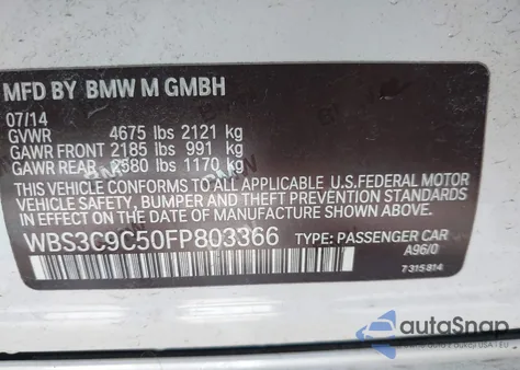 2015 BMW M3 from USA, damaged, VIN WBS3C9C50FP803366